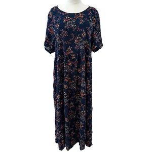 Women's 2X Blue Floral Casual Curvy Babydoll Midi PLUS Short Sleeve Cotton Dress